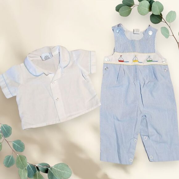 Vintage Embroidered Sailboat Baby Outfit - Picture 1 of 13